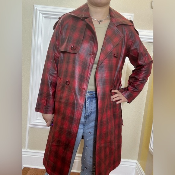 Anthropologie Red Plaid Trench Coat - Picture 8 of 9